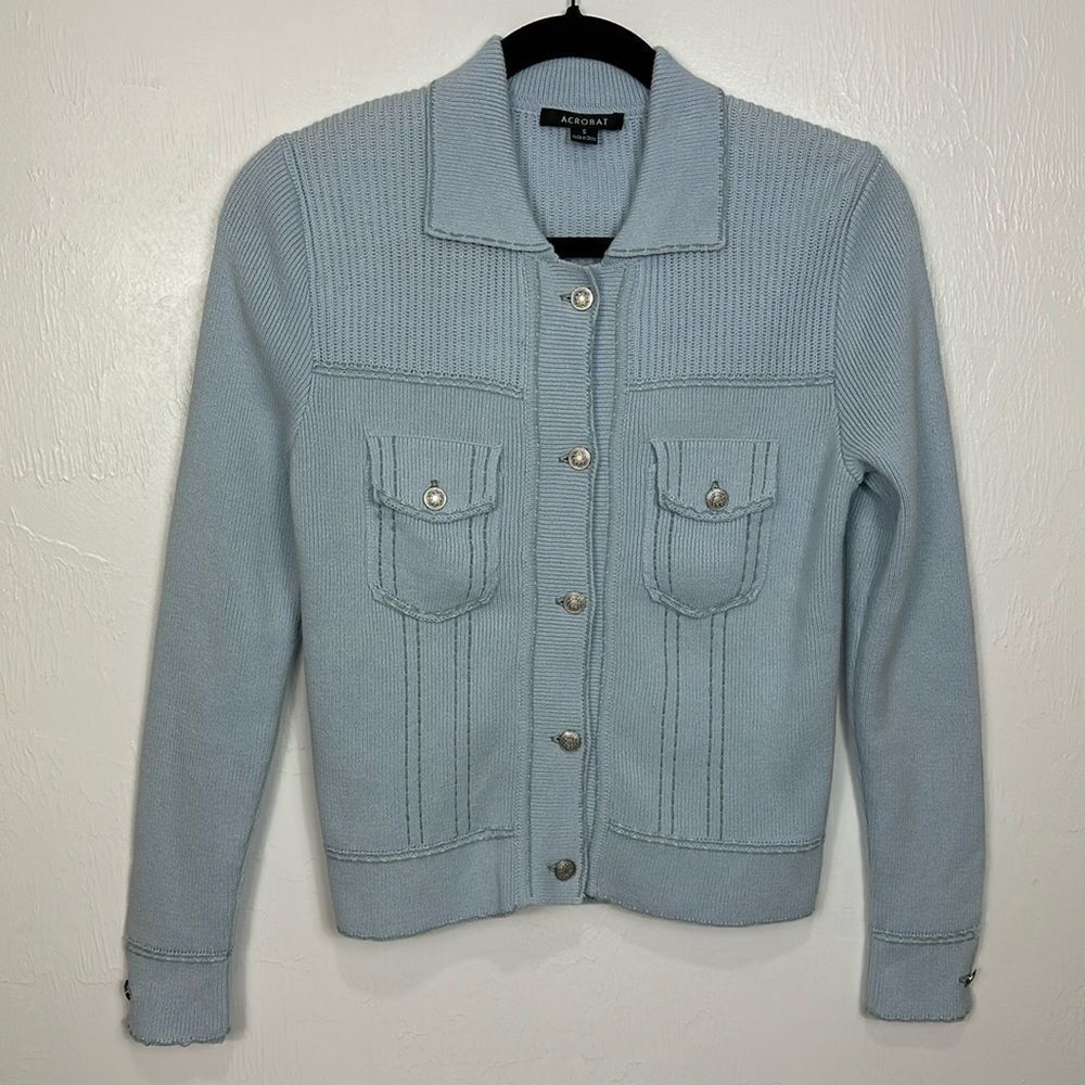 Acrobat Blue Cashmere Blend Blue Contrast Stitching Cardigan Sweater Size S